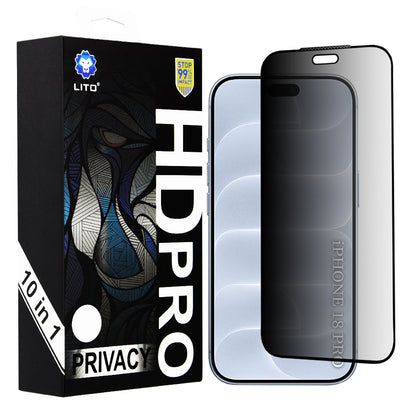 Film de protection d’écran Privacy Lito HD Pro pour Apple iPhone 18 Pro, verre trempé, adhésif intégral, lot de 10 pièces