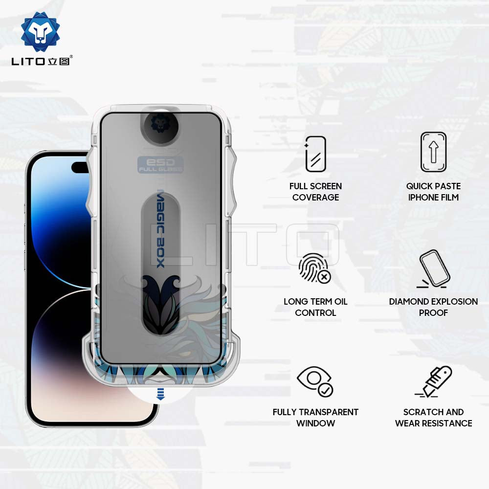 Privacy Screen Protector Lito Magic Glass Box D+ Tools for Apple iPhone 14 Pro, Tempered Glass, Full Glue