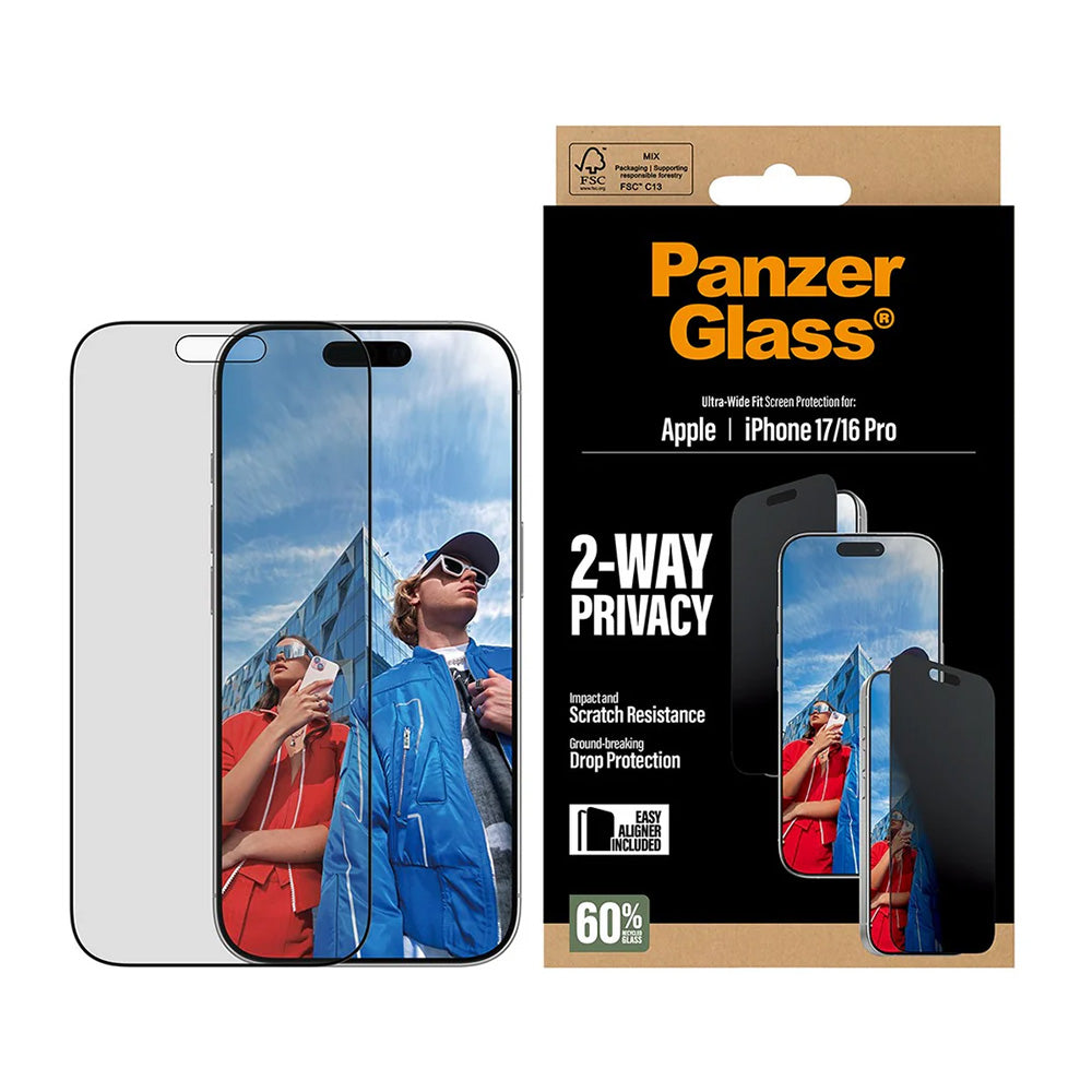 Film de protection écran Privacy PanzerGlass Ultra-Wide Fit 2-Way EasyAligner pour Apple iPhone 17 / 16 Pro, Verre Trempé, Full Glue