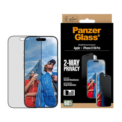 Film de protection écran Privacy PanzerGlass Ultra-Wide Fit 2-Way EasyAligner pour Apple iPhone 17 / 16 Pro, Verre Trempé, Full Glue