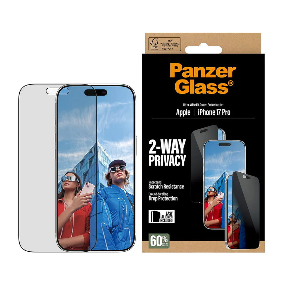 Film de protection écran Privacy PanzerGlass Ultra-Wide Fit 2-Way EasyAligner pour Apple iPhone 17 Pro, Verre Trempé, Full Glue