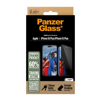 Film de protection écran Privacy PanzerGlass Ultra-Wide Fit EasyAligner pour Apple iPhone 16 Plus / 15 Plus, Verre Trempé, Full Glue