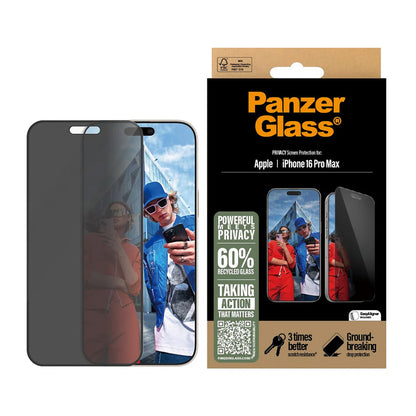 Film de protection Écran Privacy PanzerGlass Ultra-Wide Fit EasyAligner pour Apple iPhone 16 Pro Max, Verre Trempé, Full Glue