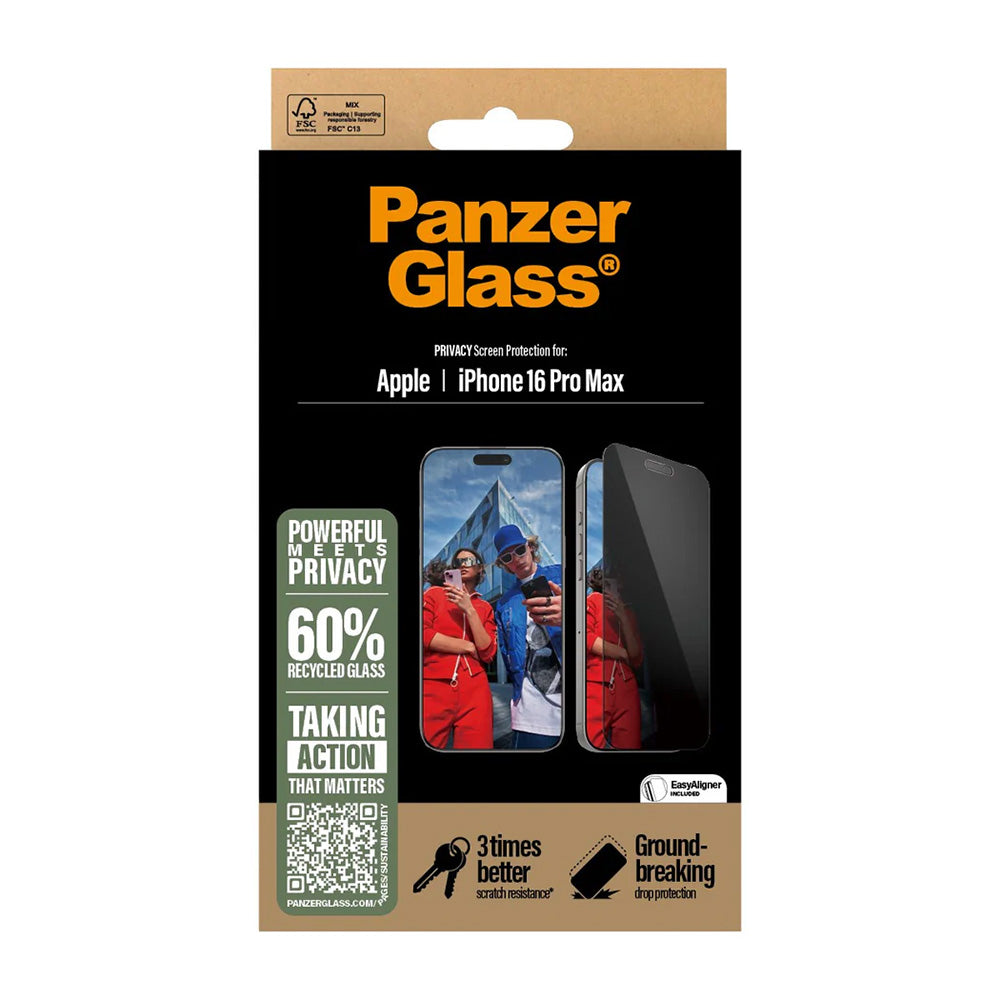 Film de protection Écran Privacy PanzerGlass Ultra-Wide Fit EasyAligner pour Apple iPhone 16 Pro Max, Verre Trempé, Full Glue