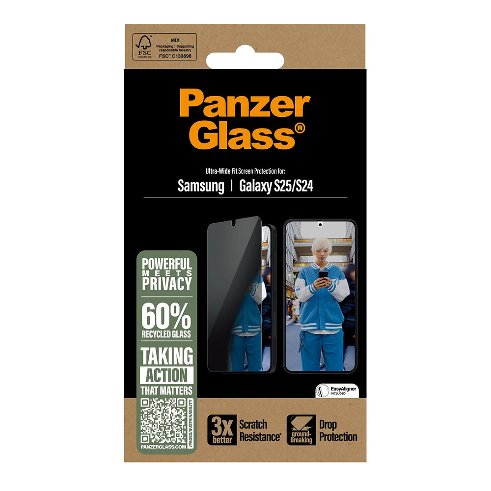 Film de protection écran Privacy PanzerGlass Ultra-Wide Fit pour Samsung Galaxy S25 S931 / S24 S921, Verre Trempé, Full Glue