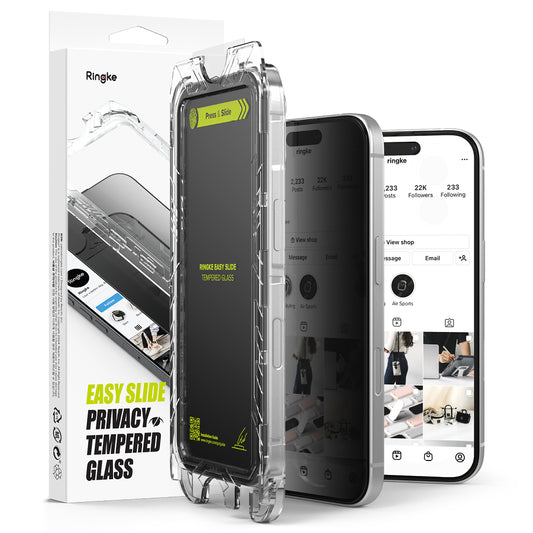 Film de protection d'écran Privacy Ringke Easy Slide pour Apple iPhone 16 Plus / 15 Plus, Verre Trempé, Full Glue, Set de 2 pièces