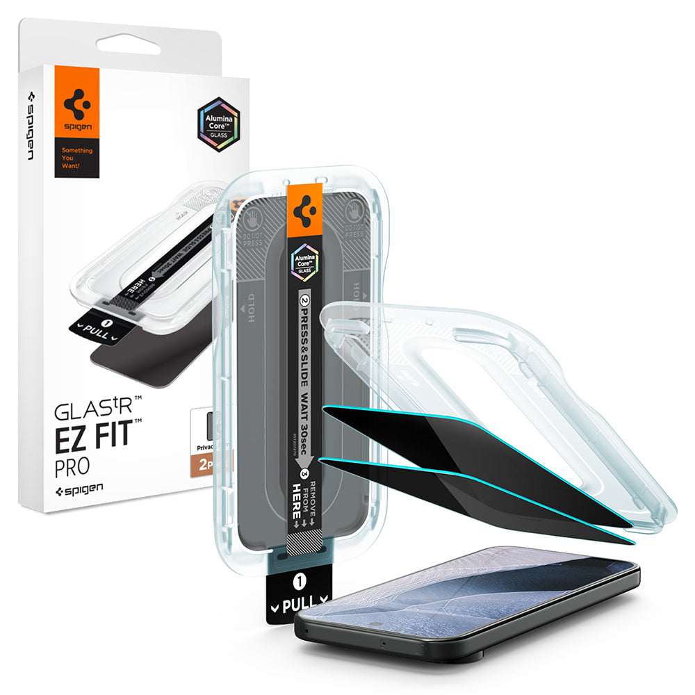 Film de protection d'écran Privacy Spigen GlastR EZ FIT Pro pour Google Pixel 11 Pro / 10 Pro, Verre Trempé, Collage Complet, Set de 2 pièces AGL11481