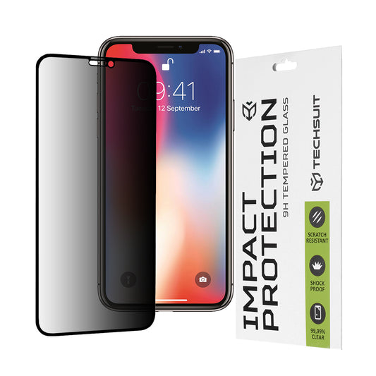 Film de protection d'écran Privacy Techsuit pour Apple iPhone 11 Pro / XS / X, Verre Trempé, Full Glue, 111D