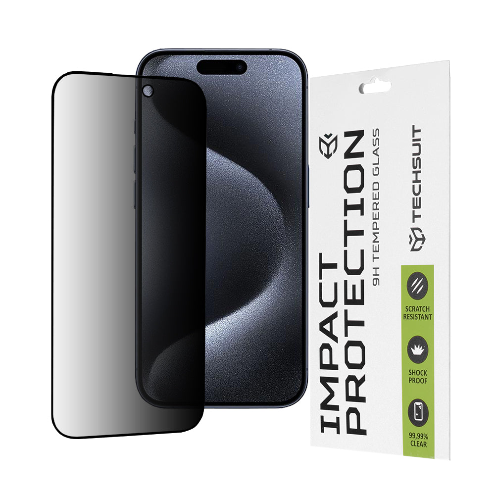 Privacy Techsuit Screen Protector for Apple iPhone 15 Pro, Tempered Glass, Full Glue, 111D