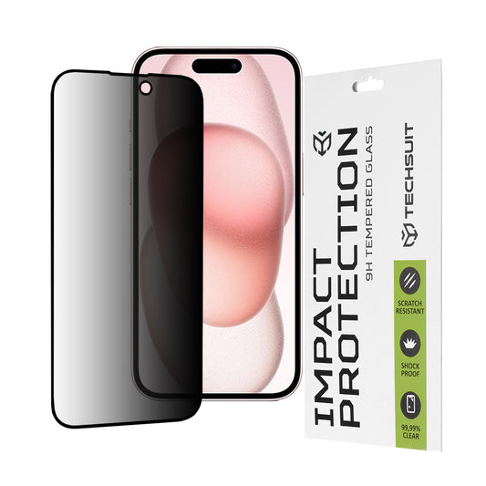 Privacy Techsuit Screen Protector Film for Apple iPhone 16 / 15, Tempered Glass, Full Glue, 111D