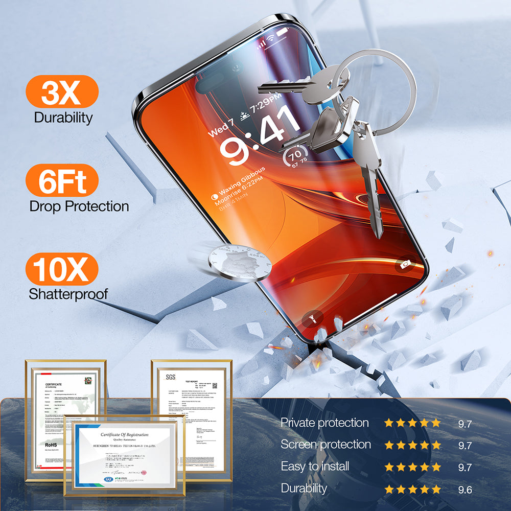 Film de protection écran Privacy Torras GlassGo Epic pour Apple iPhone 15 Pro Max, Verre Trempé, Full Glue