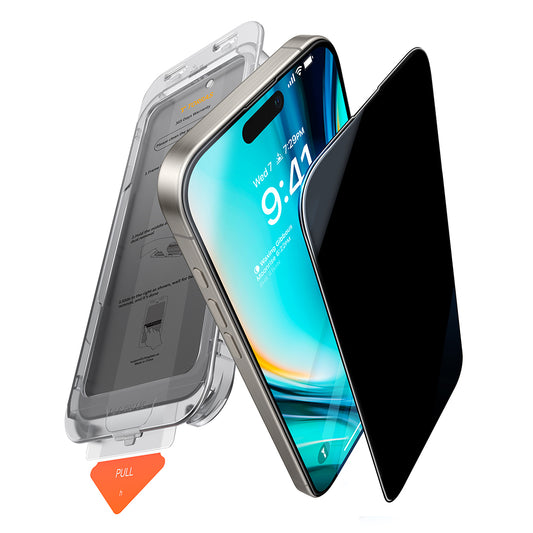 Film de protection d'écran Privacy Torras GlassGo Install Master pour Apple iPhone 16 Pro Max, Verre Sécurisé, Collage Complet