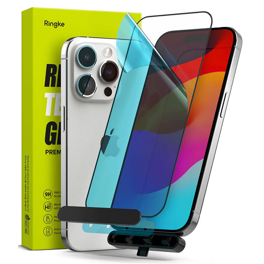 Film de protection d'écran Ringke pour Apple iPhone 15 Pro, Verre trempé, Collage complet, Noir