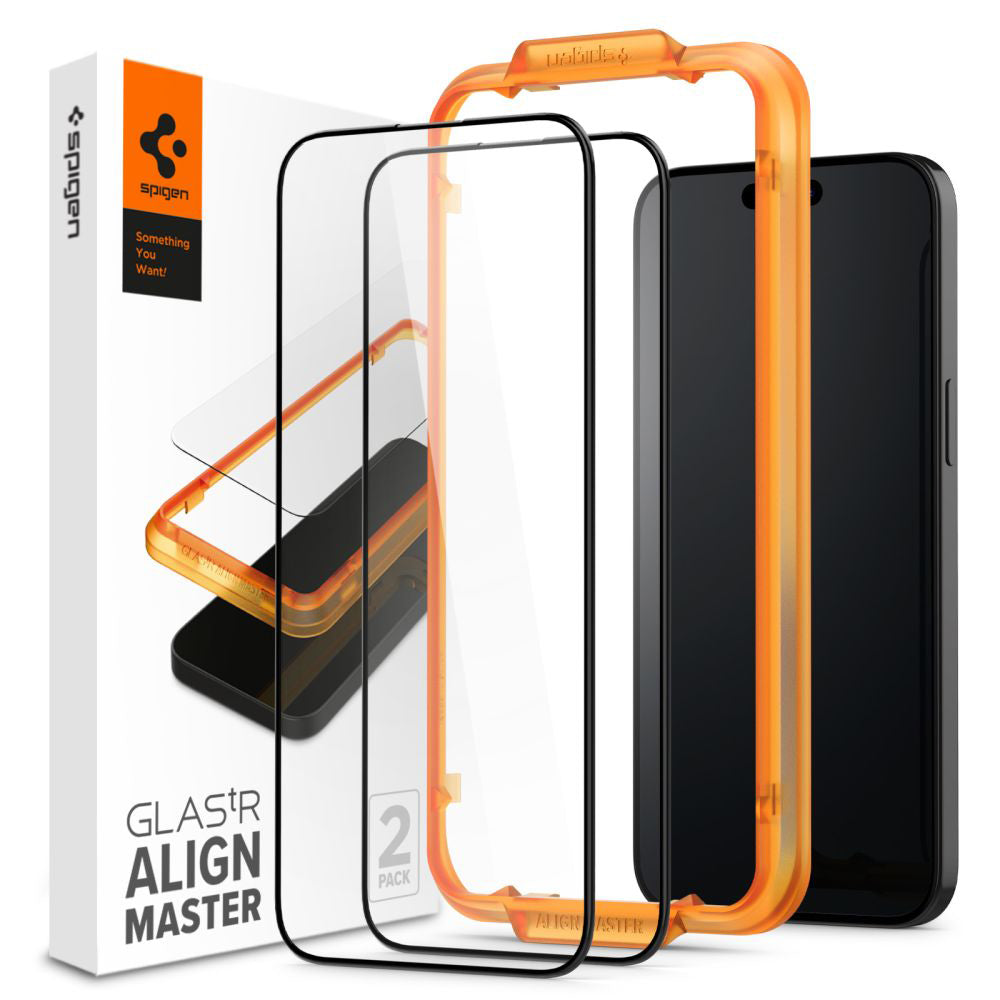 Film de protection d'écran Spigen GlastR Align Master pour Apple iPhone 15 Plus, Verre Trempé, Full Glue, Lot de 2 pièces, Noir AGL06886