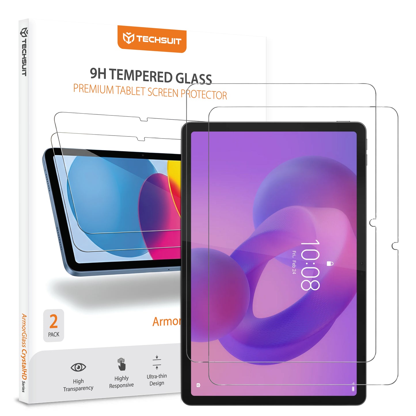 Film de protection d'écran Techsuit ArmorGlass CrystalHD pour Lenovo Idea Tab 11, Verre Trempé, Full Glue, Lot de 2 pièces