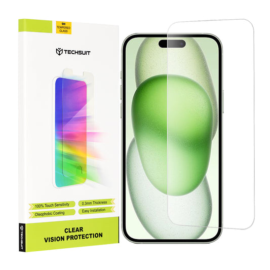 Film de protection d'écran Techsuit Clear Vision pour Apple iPhone 16 Plus / 15 Plus / 15 Pro Max, Verre trempé, Collage intégral