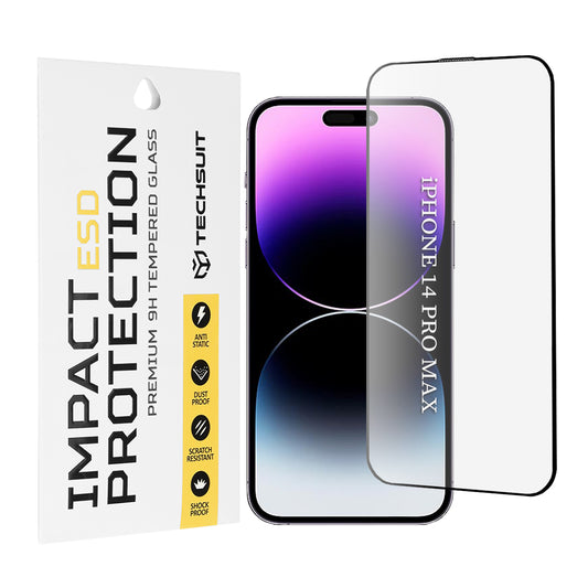 Film de protection d'écran Techsuit pour Apple iPhone 14 Pro Max, Verre trempé, Collage intégral, Noir