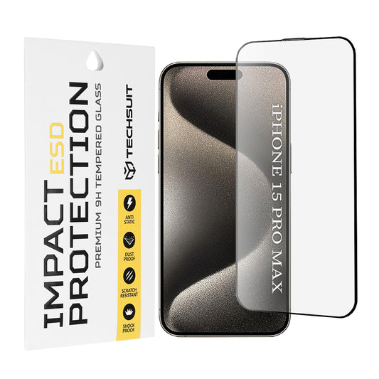 Film de protection d'écran Techsuit pour Apple iPhone 15 Pro Max, Verre trempé, Collage intégral, Noir