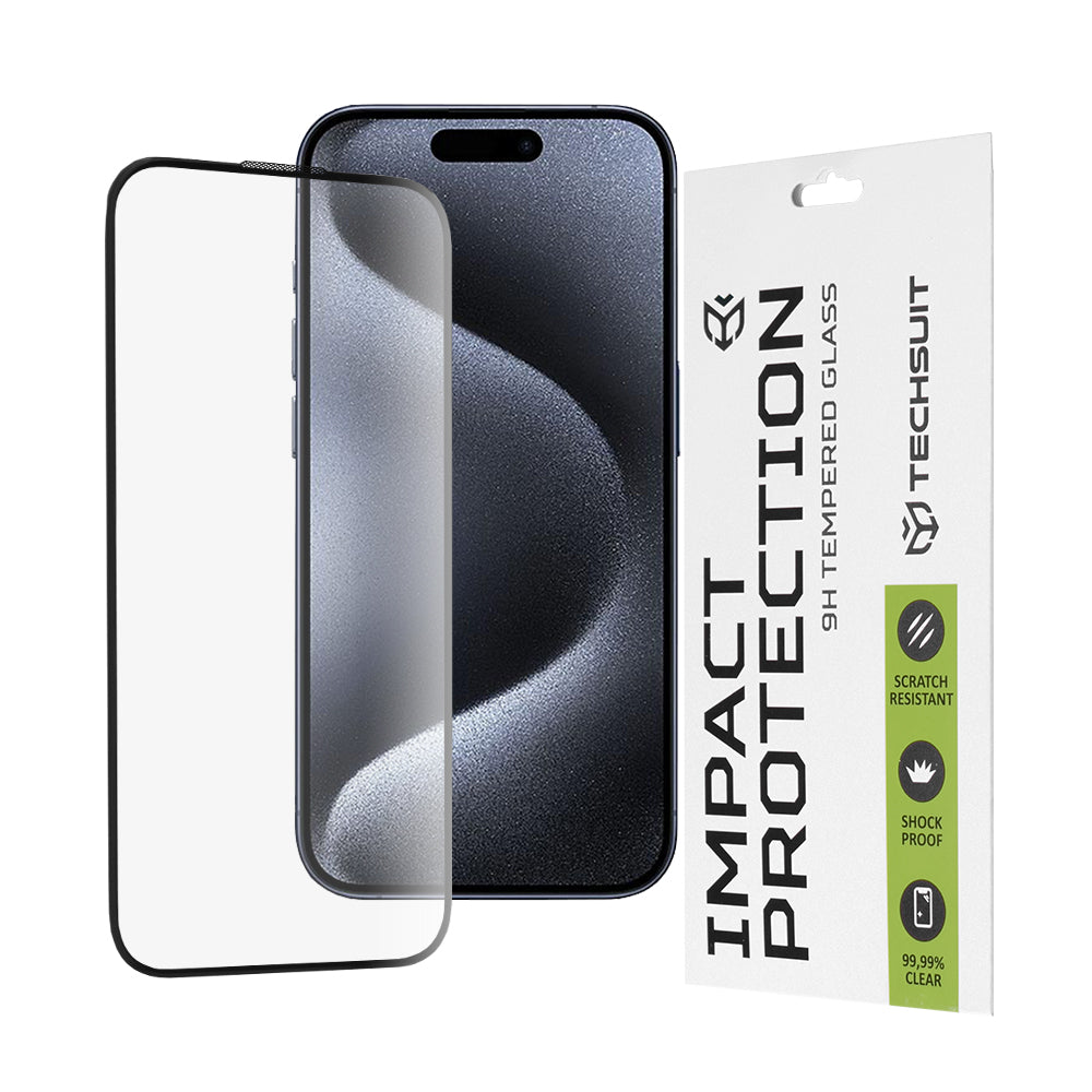 Film de protection d'écran Techsuit pour Apple iPhone 16 / 15 Pro, Verre trempé, Full Glue, 111D, Noir