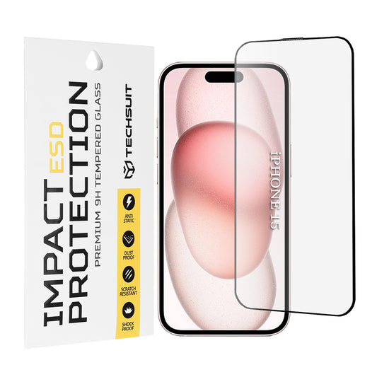 Film de protection d'écran Techsuit pour Apple iPhone 16 / 15, Verre trempé, Full Glue, Noir
