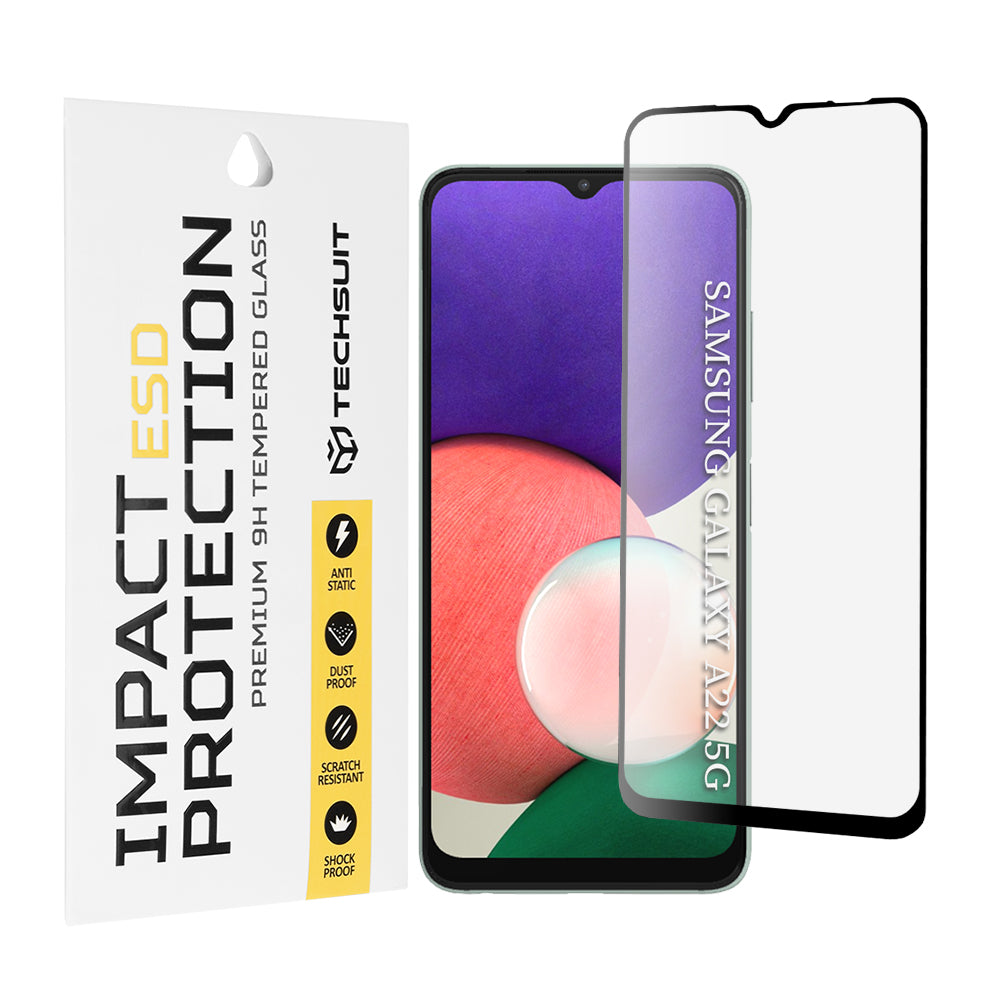 Film de protection d'écran Techsuit pour Samsung Galaxy A22 5G A226, Verre trempé, Collage intégral, Noir