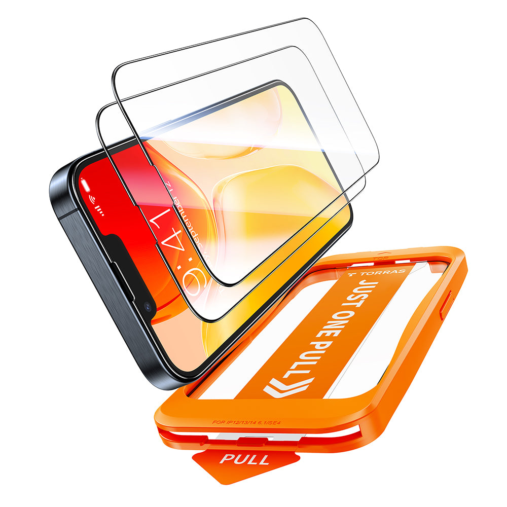 Film de protection d'écran Torras GlassGo Install Master pour Apple iPhone 17e / 16e / 14 / 13 Pro, Verre trempé, Collage intégral, Lot de 2 pièces