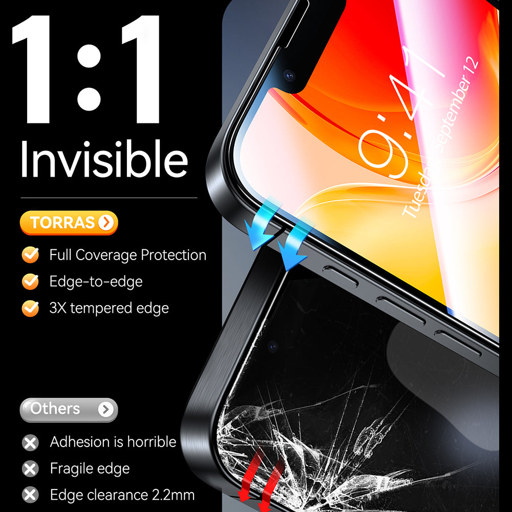 Film de protection d'écran Torras GlassGo Install Master pour Apple iPhone 17e / 16e / 14 / 13 Pro, Verre trempé, Collage intégral, Lot de 2 pièces