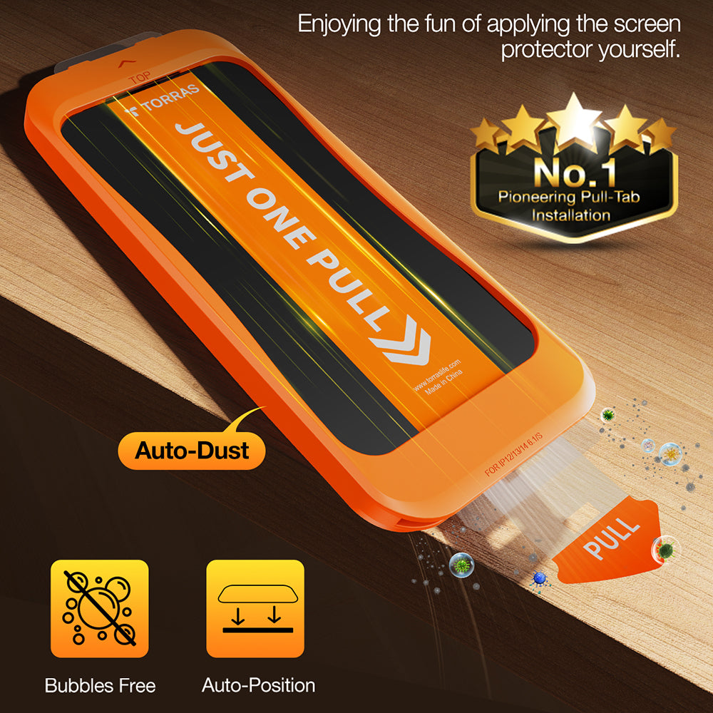 Film de protection d'écran Torras GlassGo Install Master pour Apple iPhone 17e / 16e / 14 / 13 Pro, Verre trempé, Collage intégral, Lot de 2 pièces