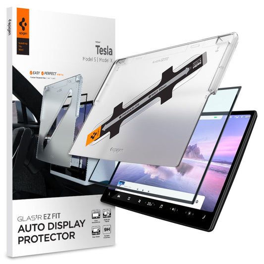 Film de protection Spigen GlastR EZ FIT pour Navigation Tesla X / S (2022 - 2021), Verre Trempé, Noir AGL04688