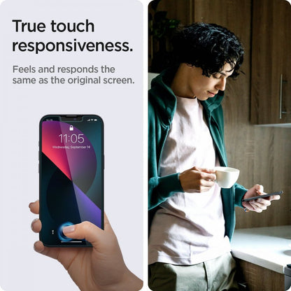 Film de protection d'écran Privacy Spigen GlastR EZ FIT pour Apple iPhone 17e / 16e / 14 / 13 Pro, Verre trempé, Collage intégral, Lot de 2 pièces AGL03388