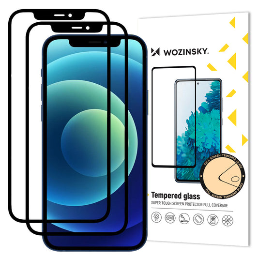 Film de protection d'écran WZK pour Apple iPhone 12 / 12 Pro, Verre trempé, Adhésif complet, Lot de 2 pièces, Compatible avec coque, Noir