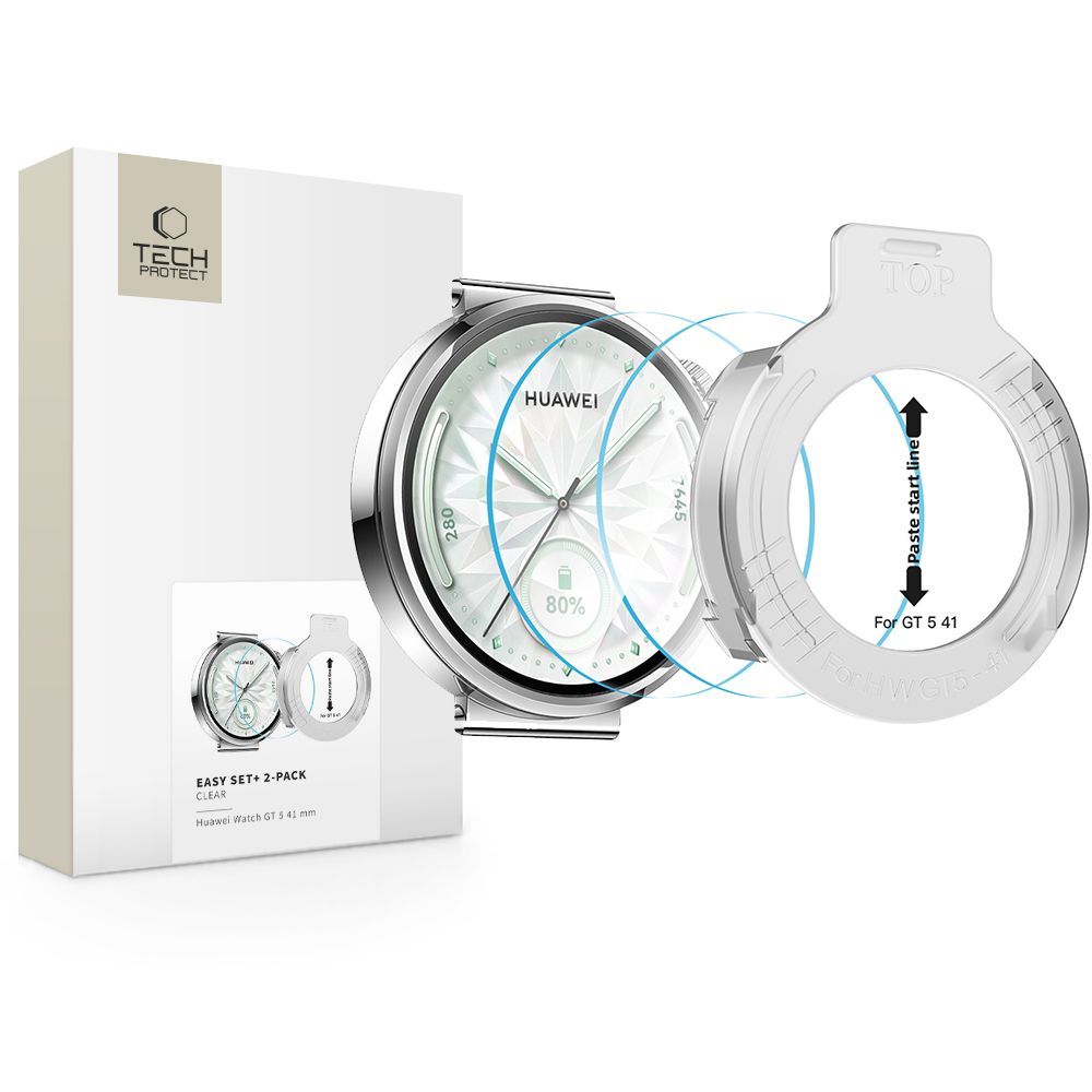 Film de protection Tech-Protect Easy Set+ pour Huawei Watch GT 5 41mm, Lot de 2 pièces, Verre trempé