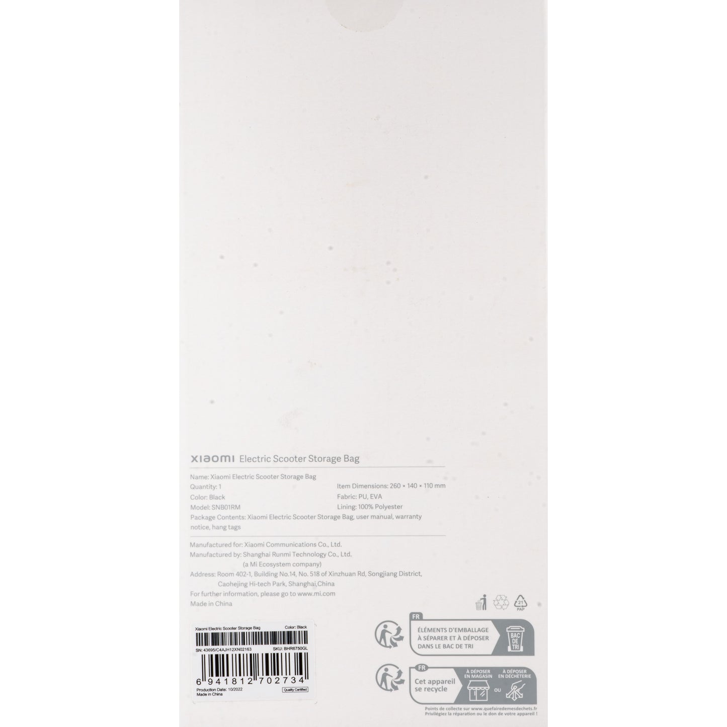 Sac de Transport Xiaomi pour Trottinette BHR6750GL