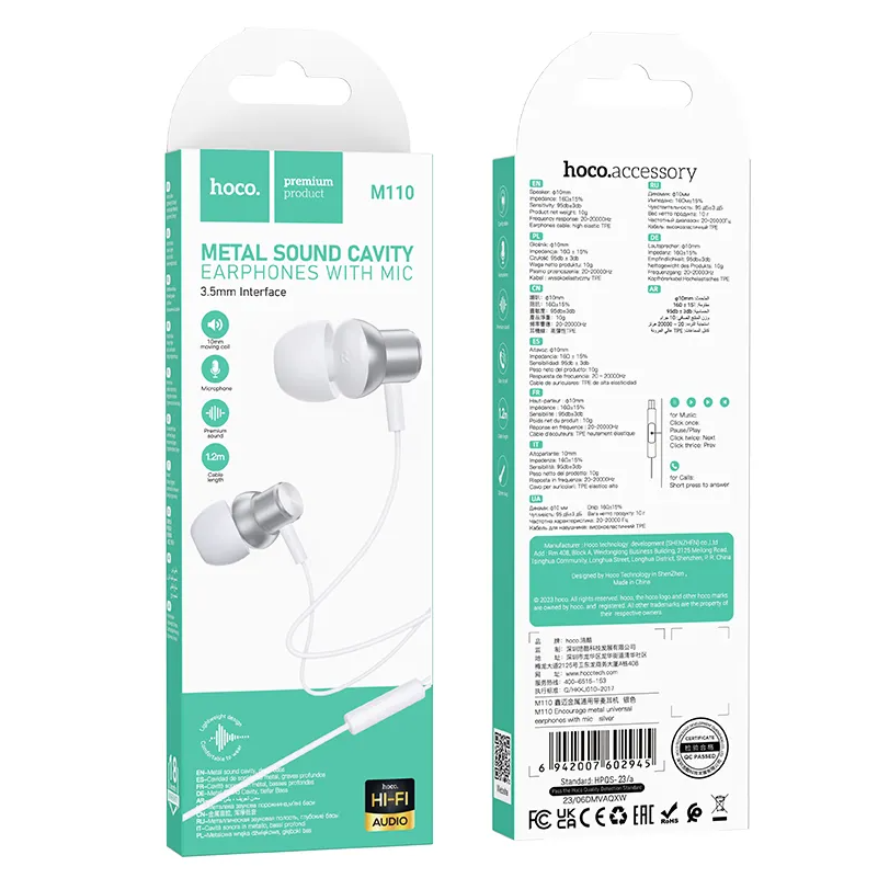Handsfree 3.5mm HOCO M110, Argent