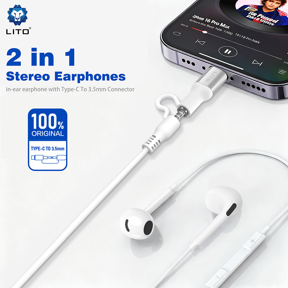 Handsfree 3.5mm / USB-C Lito LF03, Blanc