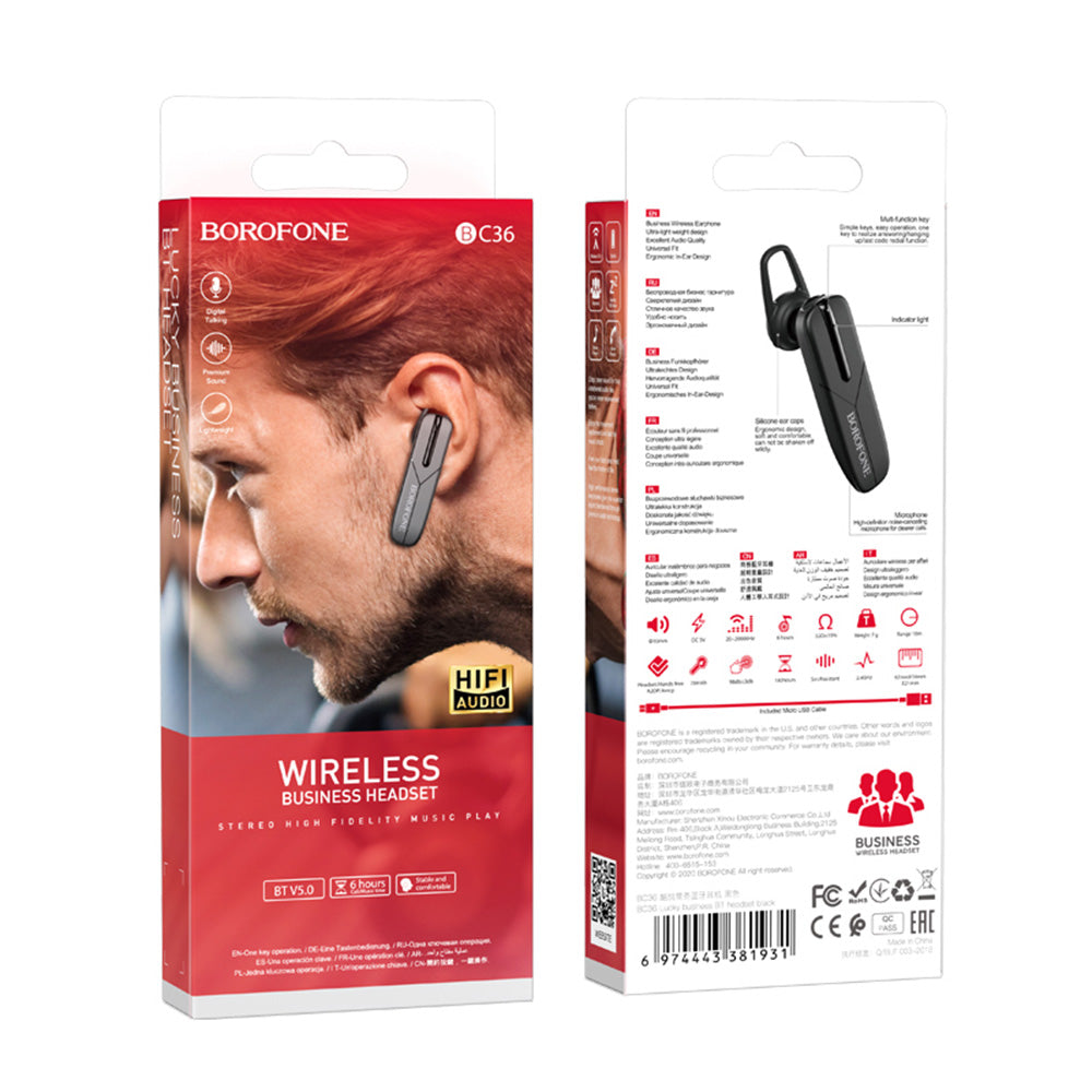 Oreillette Bluetooth mains libres BC36 Lucky, A2DP, Noir