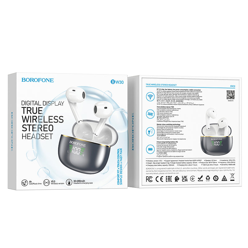 Oreillette Bluetooth mains libres BW30, TWS, Gris 