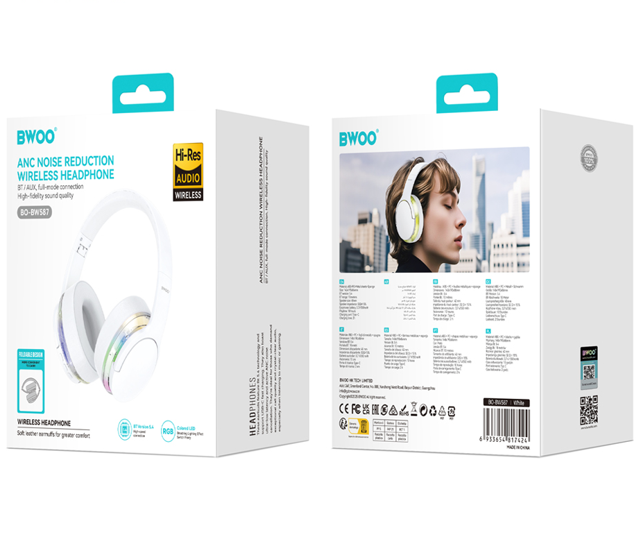 Casque Bluetooth mains libres BWOO BO-BW587, A2DP, ANC, Blanc