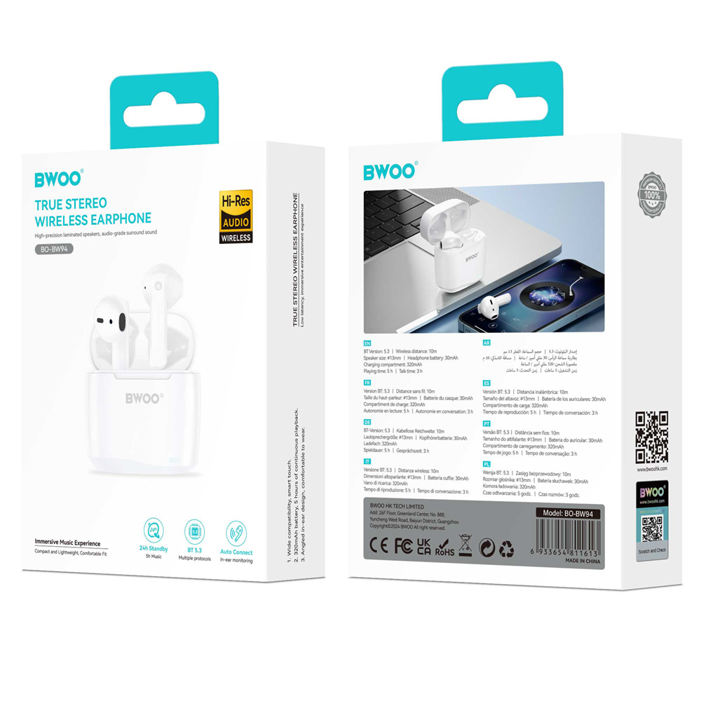 Casque Bluetooth BWOO BW94, TWS, Blanc