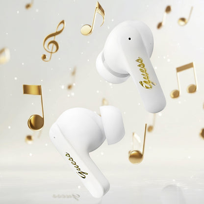 Handsfree Bluetooth Guess Script Logo Métallique, TWS, Blanc