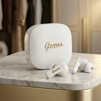 Handsfree Bluetooth Guess Script Logo Métallique, TWS, Blanc