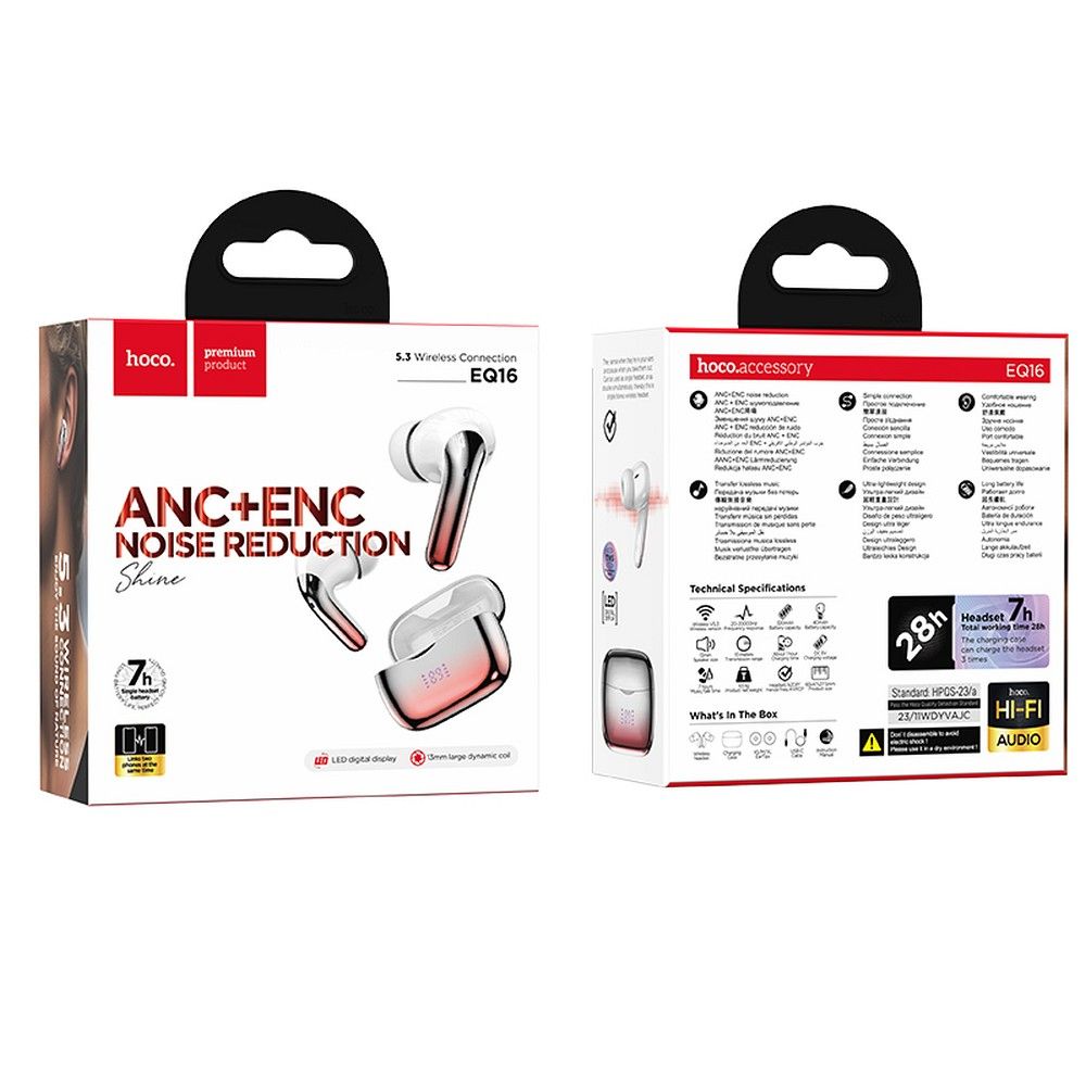 Kit mains libres Bluetooth HOCO EQ16, TWS, ANC, rouge 