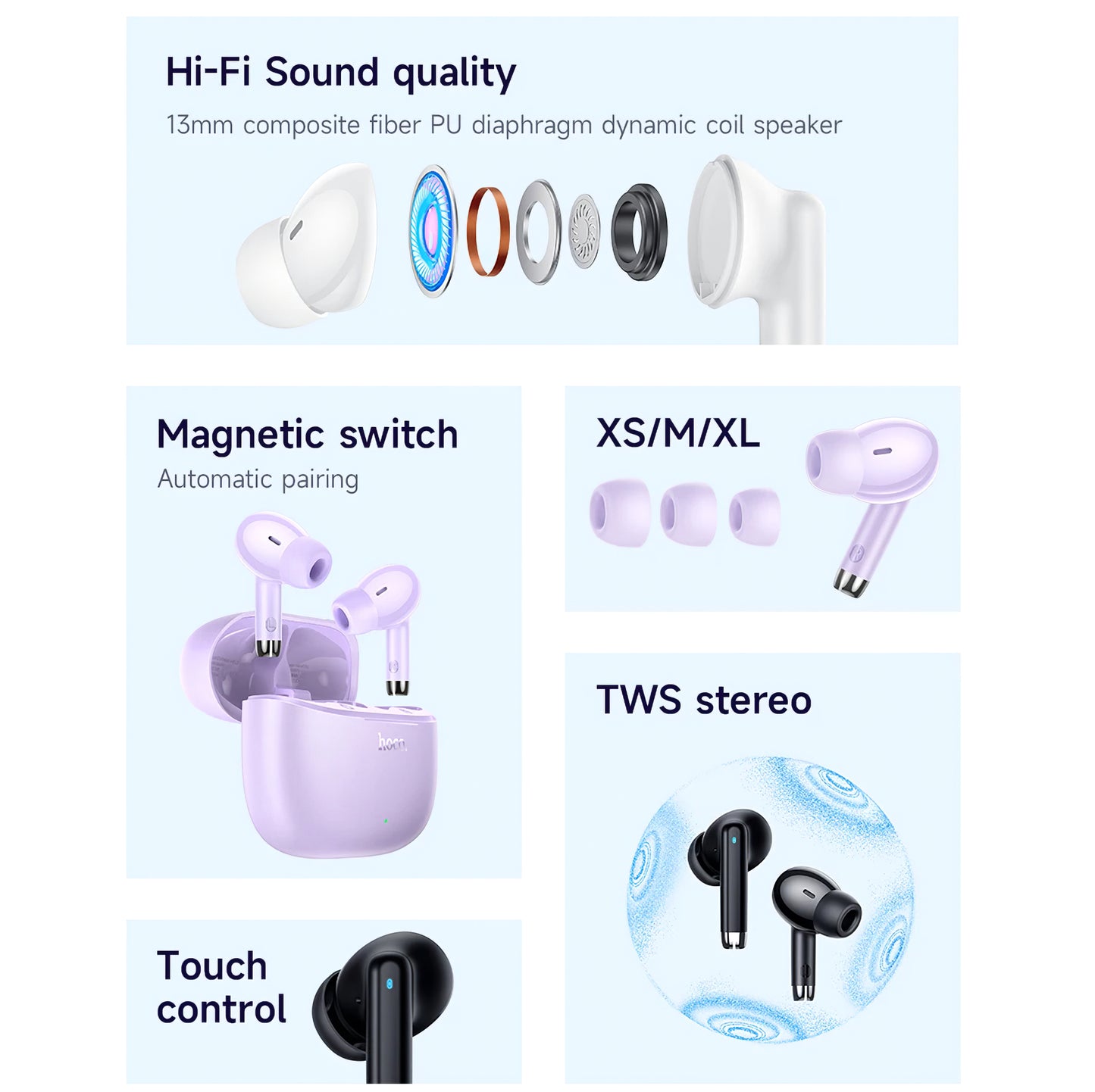 Mains libres Bluetooth HOCO EQ2, TWS, Mov 