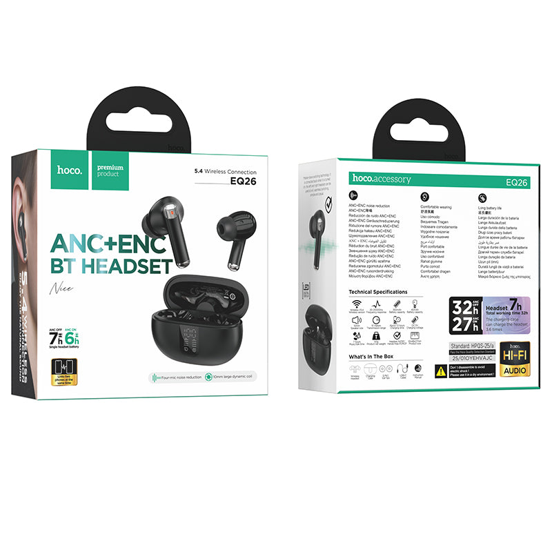 Kit mains libres Bluetooth HOCO EQ26, TWS, ANC, Noir