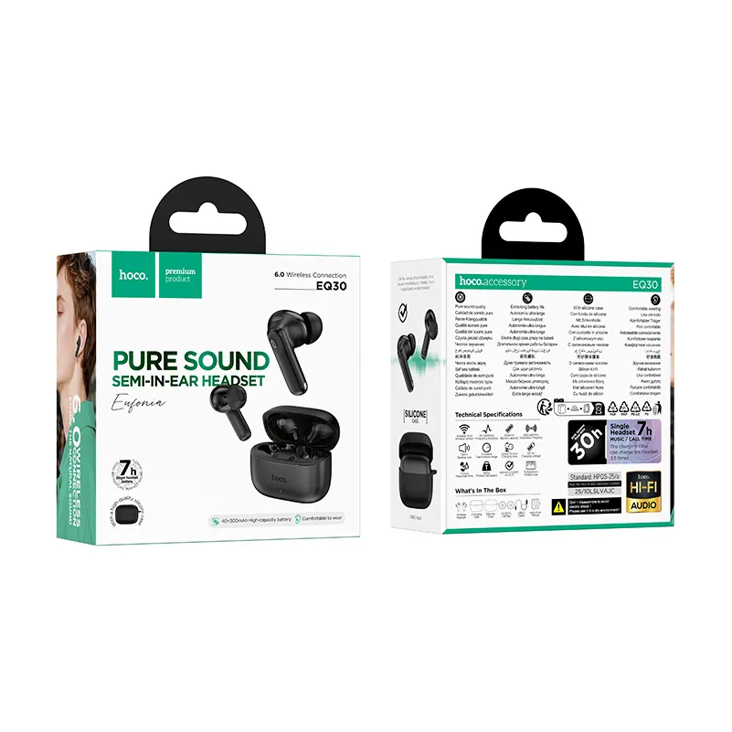 Kit mains libres Bluetooth HOCO EQ30, TWS, Noir