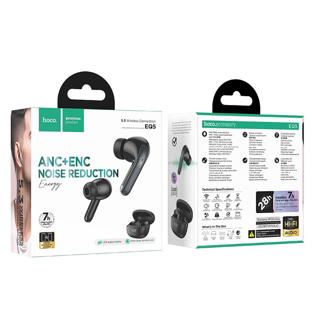 Kit mains libres Bluetooth HOCO EQ5, TWS, ANC, noir 