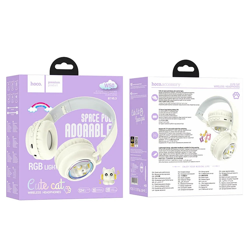 Handsfree Bluetooth HOCO W50 Kids Cute Cat, A2DP, White