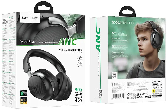 Kit mains libres Bluetooth HOCO W53 Plus, A2DP, ANC, Noir