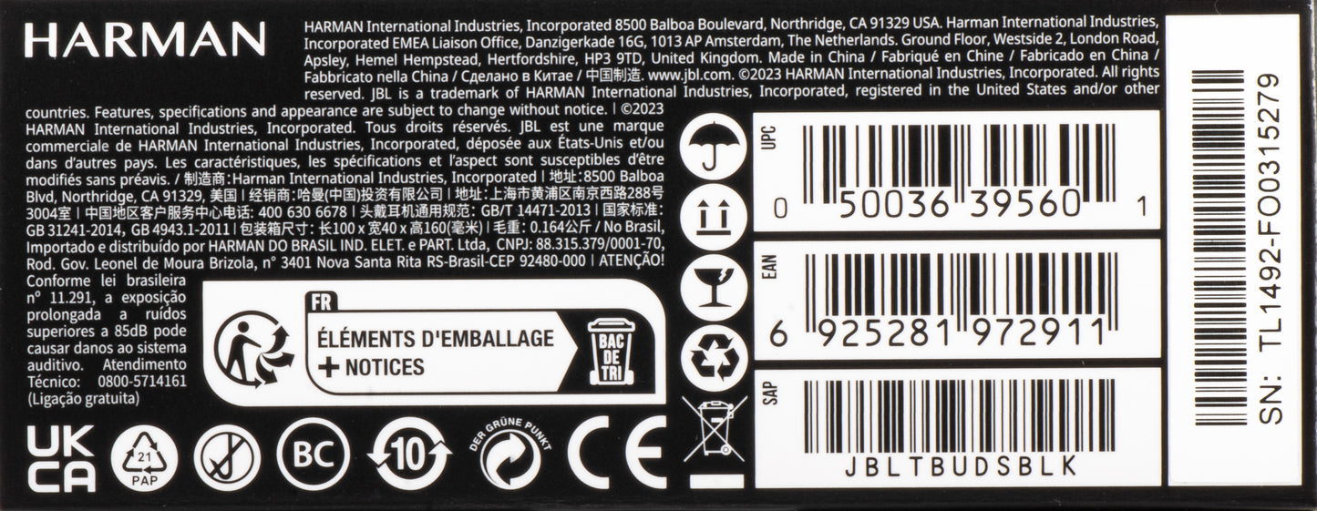 Écouteurs Bluetooth JBL Tune Buds, TWS, ANC, Multipoint, Noir JBLTBUDSBLK