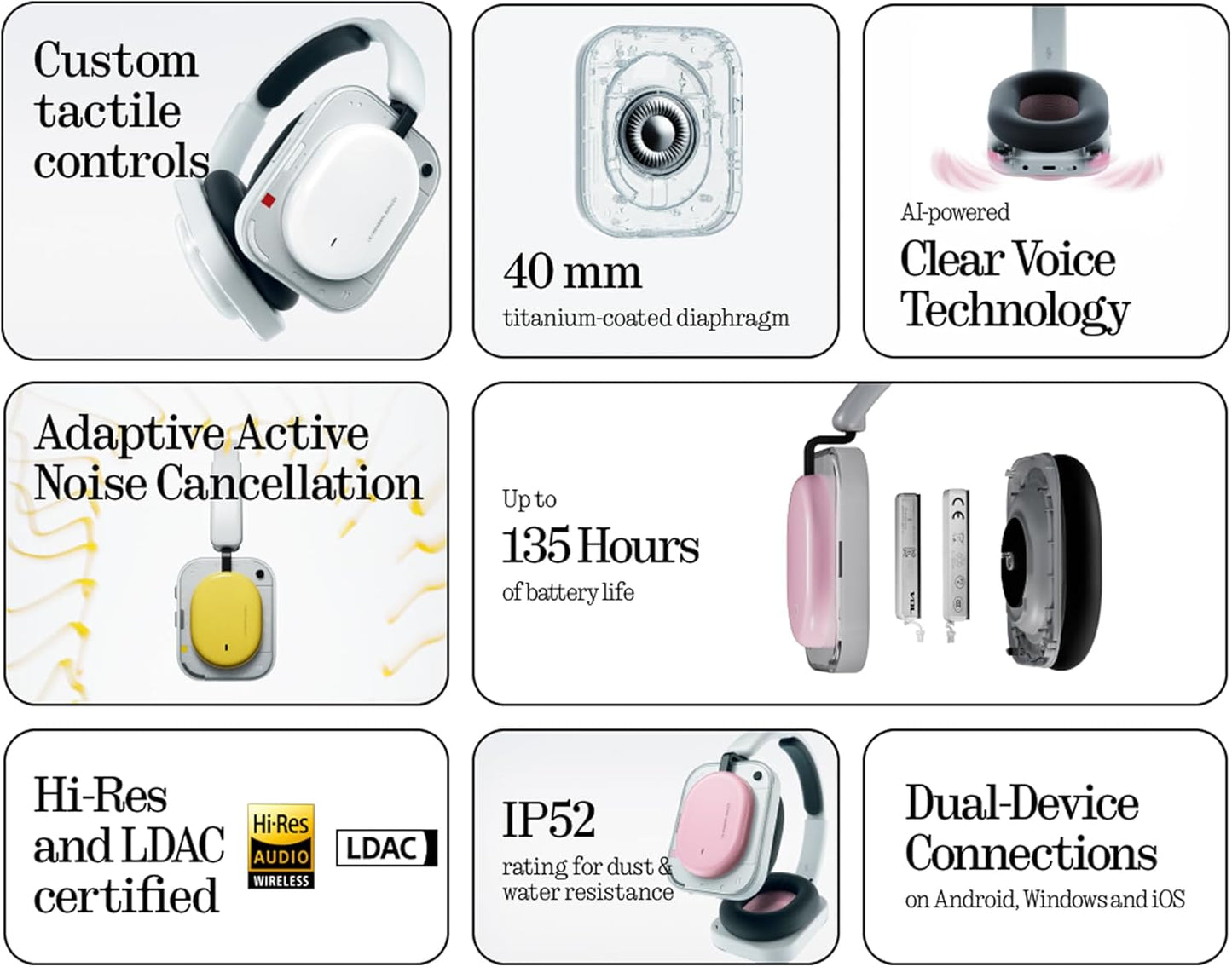 Casque Bluetooth mains libres Nothing (a), MultiPoint, A2DP, ANC, Rose
